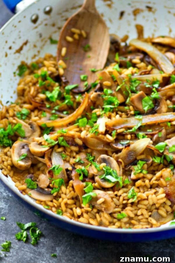 Delicious caramelized onion and mushroom risotto served warm
