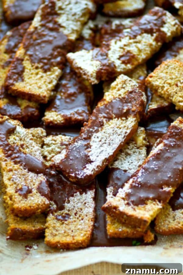 Decadent Espresso French Toast Sticks with Mocha Glaze 6 Espresso baked french toast sticks plated and drizzled with mocha glaze and powdered sugar
