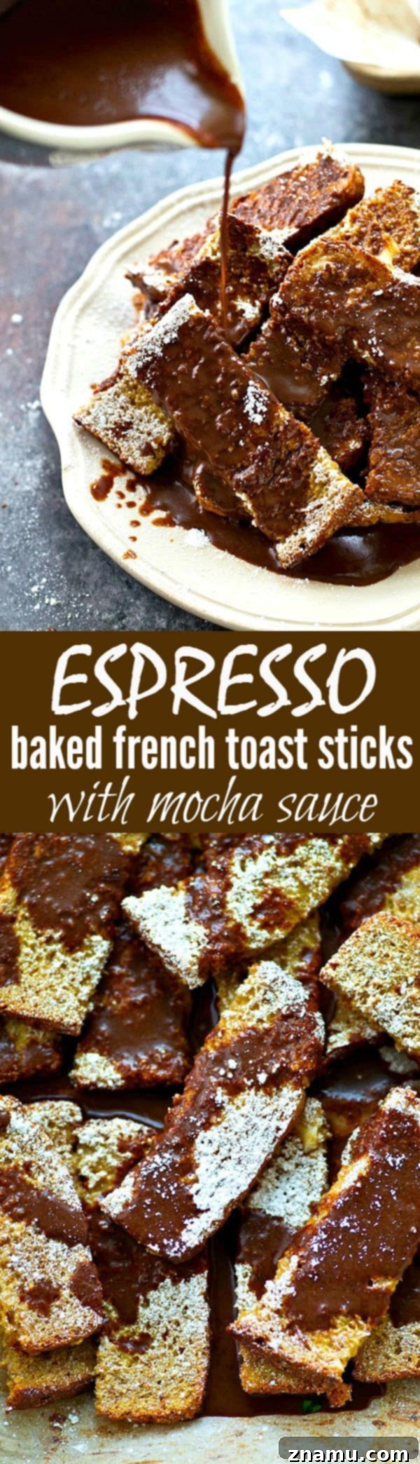 Decadent Espresso French Toast Sticks with Mocha Glaze 7 Overhead shot of espresso baked french toast sticks with mocha glaze, powdered sugar, and berries