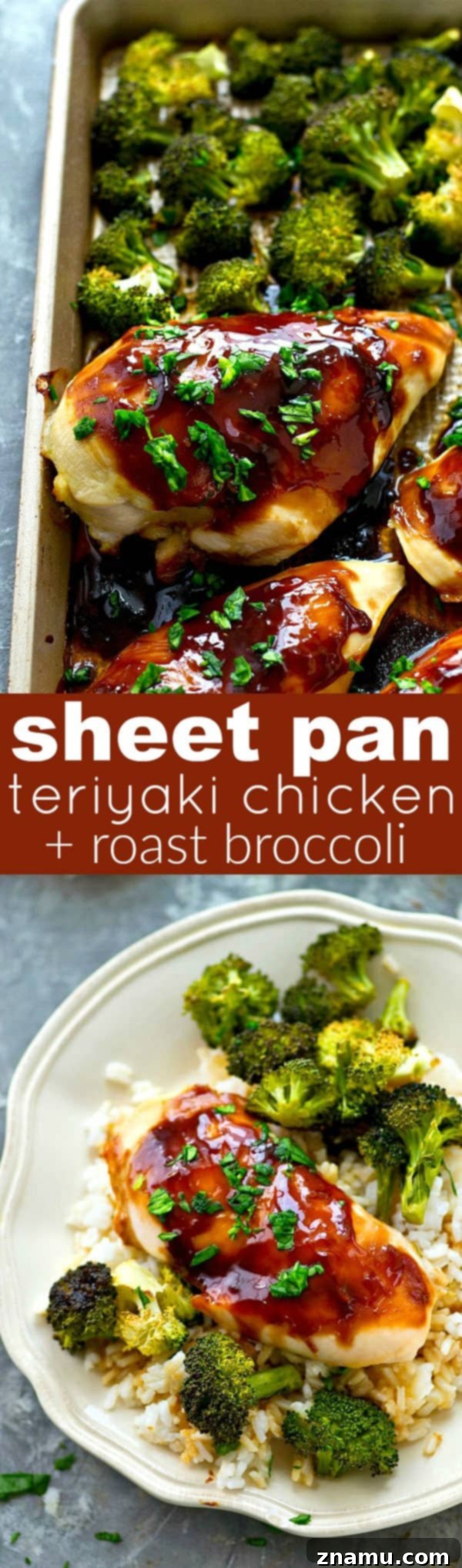 One-Pan Teriyaki Chicken and Roasted Broccoli 7 Full spread of Sheet Pan Teriyaki Chicken with rice, offering a delicious and easy weeknight meal solution.
