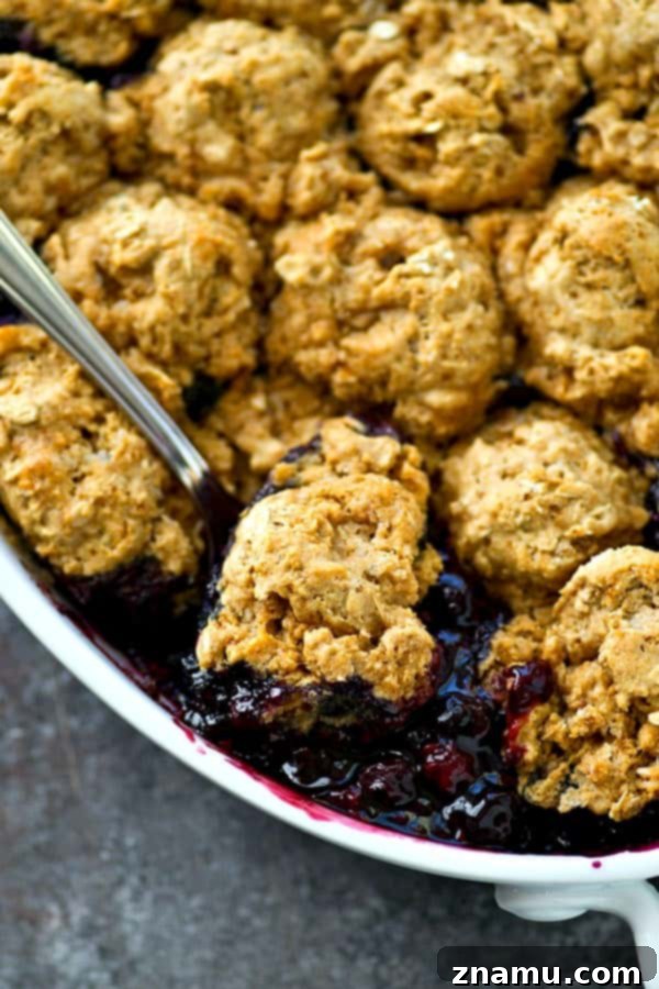 Golden Oat Berry Cobbler 3 Another enticing view of the mixed berry cobbler, highlighting the fresh, ripe berries and the delicate texture of the oat biscuit topping, ready to be enjoyed.