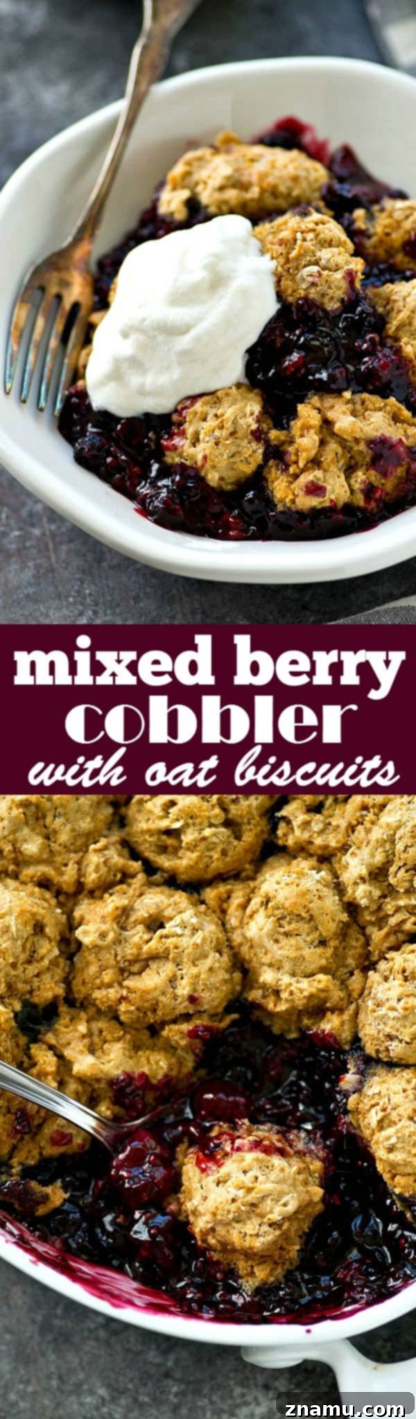 Golden Oat Berry Cobbler 7 A side view of the mixed berry cobbler in a glass baking dish, showing the layers of juicy fruit and the rustic oat biscuit topping, ready to be served.