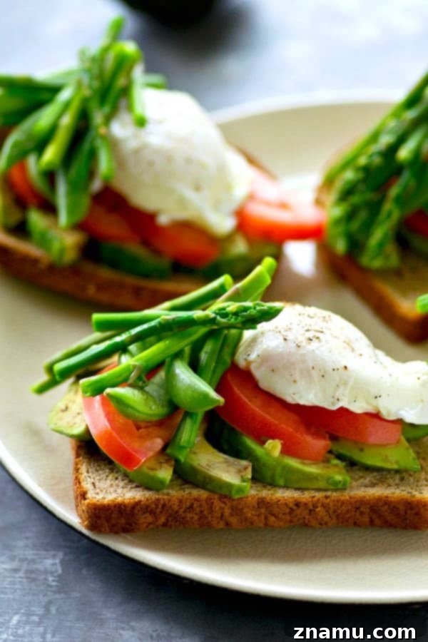 Spring Avocado Toast Delights 3 Close-up of spring vegetables and avocado slices on rustic toast, ready for a poached egg