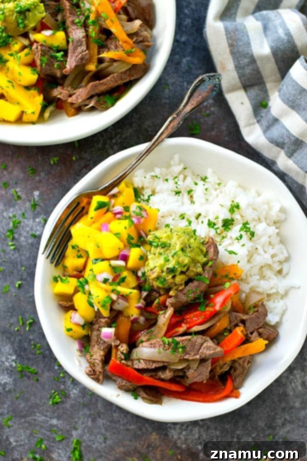Steak and Peppers Rice Bowls with Mango Pico de Gallo 5 Colorful ingredients for homemade mango pico de gallo, featuring fresh mangoes, jalapeños, red onion, and cilantro.