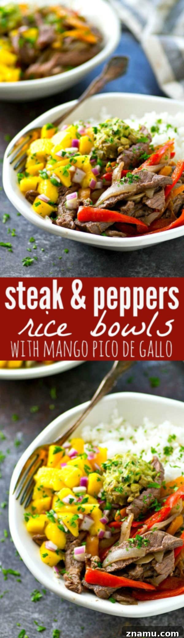 Steak and Peppers Rice Bowls with Mango Pico de Gallo 7 A beautifully presented Steak and Peppers Rice Bowl with mango pico de gallo and avocado, ready to be enjoyed.