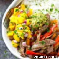 Steak and Peppers Rice Bowls with Mango Pico de Gallo