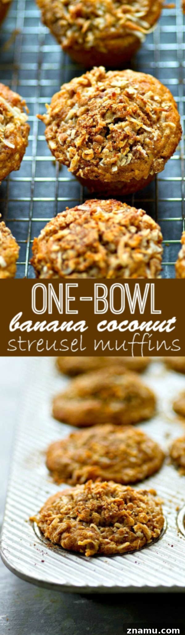 A close-up of a banana coconut streusel muffin, highlighting the rustic, appealing texture of the streusel.