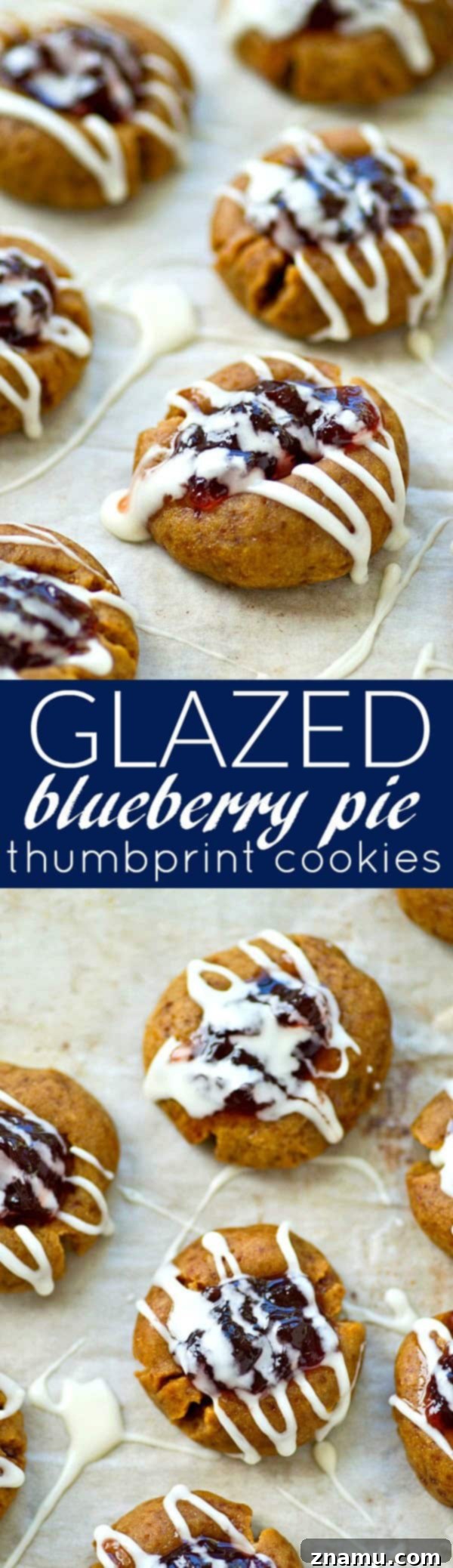 Blueberry Pie Thumbprint Jewels 7 Buttery shortbread cookies are filled with a homemade blueberry pie filling and drizzled with tons of glaze.---it's impossible to only eat one of these thumbprint cookies!