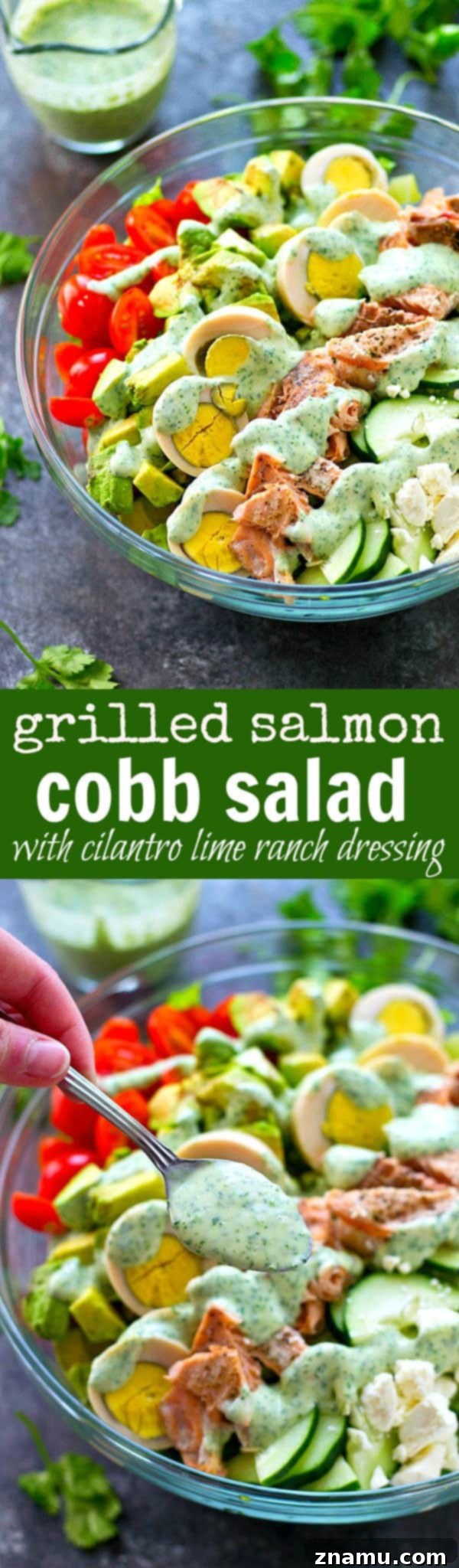 Homemade Cilantro Lime Ranch dressing adds a creamy, zesty finish to the Grilled Salmon Cobb Salad.