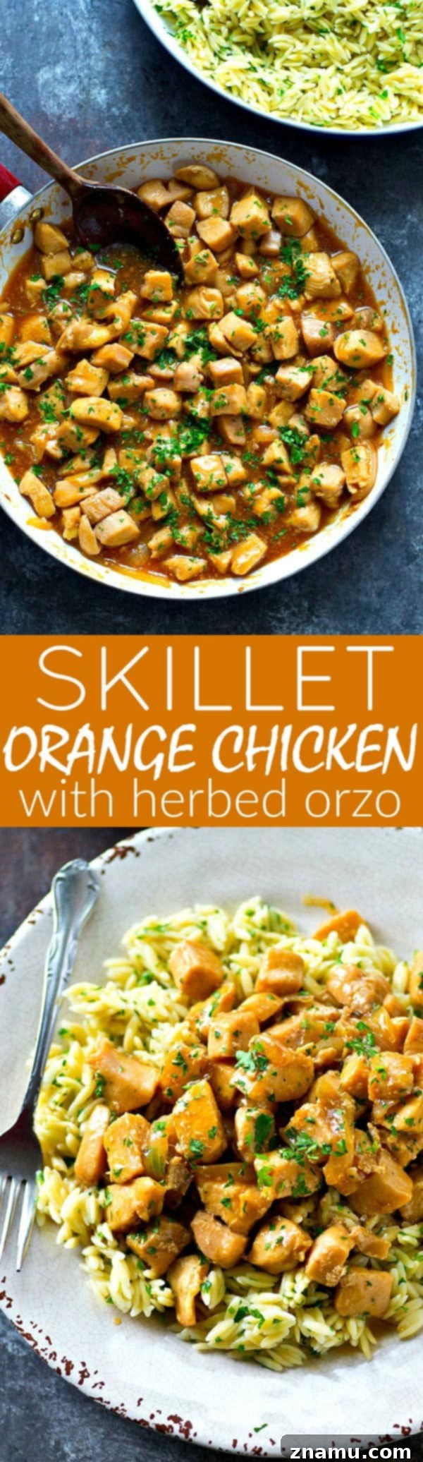 The finished Skillet Orange Chicken and Herbed Orzo, ready to be enjoyed by the family.