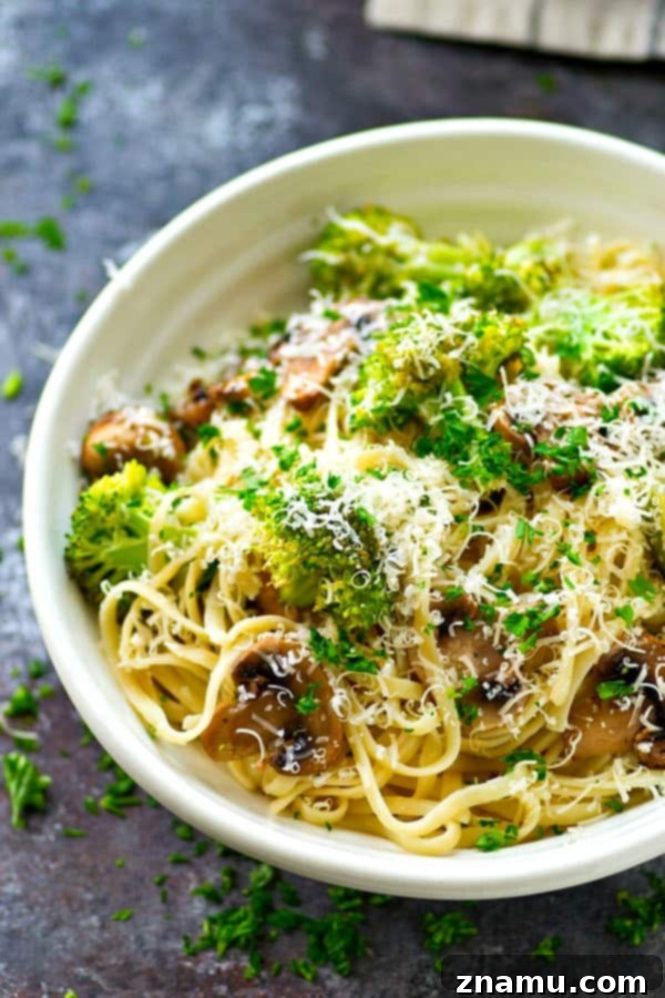 Browned Butter Parmesan Fettuccine with Umami-Rich Mushrooms and Vibrant Broccoli 4 Freshly roasted broccoli and mushrooms for pasta