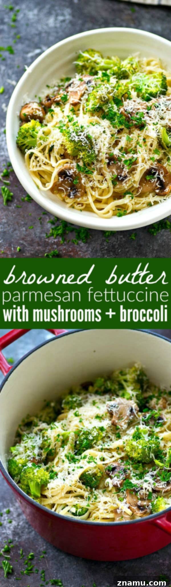 Browned Butter Parmesan Fettuccine with Umami-Rich Mushrooms and Vibrant Broccoli 7 Finished plate of Browned Butter Parmesan Fettuccine
