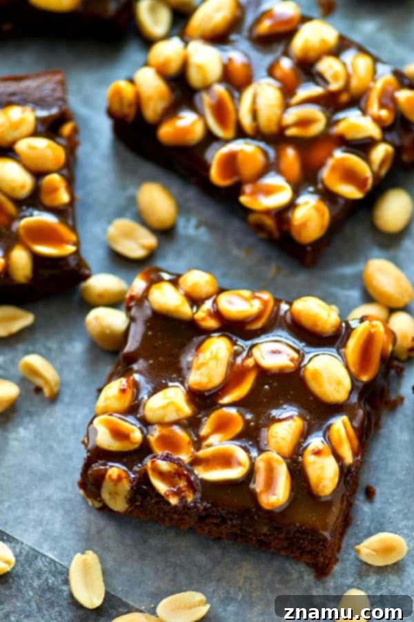 Praline Crunch Peanut Butter Brownies 3 Close-up of a stack of fudgy peanut butter praline brownies, showing the rich chocolate and nutty topping.