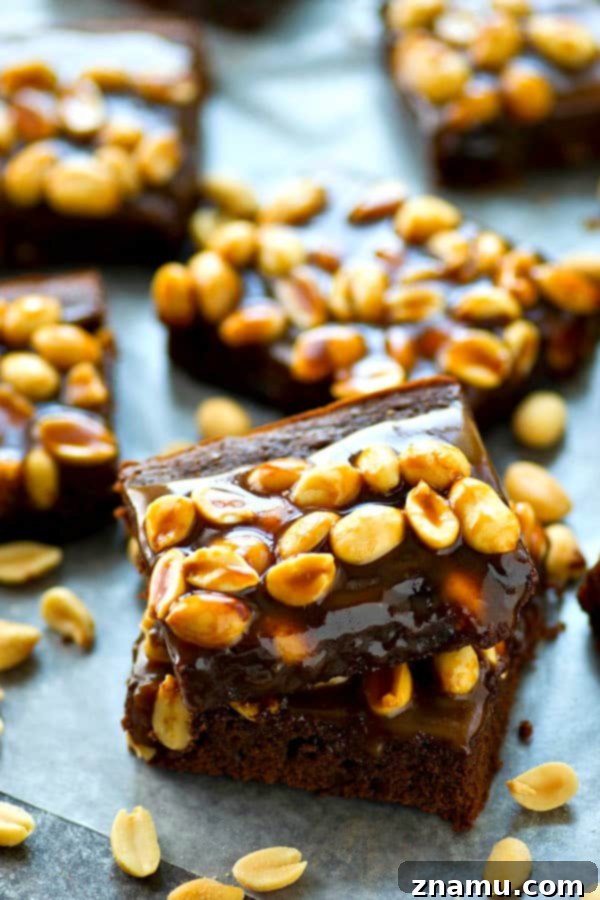 Praline Crunch Peanut Butter Brownies 4 A whole pan of peanut butter praline brownies, freshly baked and ready to be cut.
