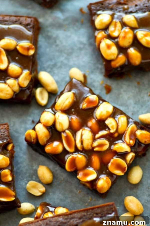 Praline Crunch Peanut Butter Brownies 6 Peanut praline sauce drizzled generously over a pan of rich chocolate brownies.