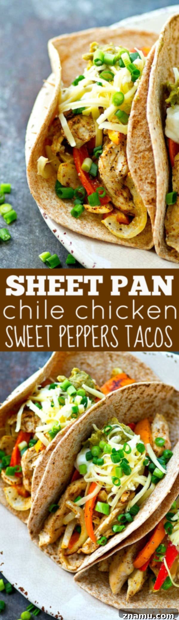 Sheet Pan Spicy-Sweet Chicken Tacos 8 A large sheet pan filled with roasted chile chicken and sweet peppers, ready for taco assembly.