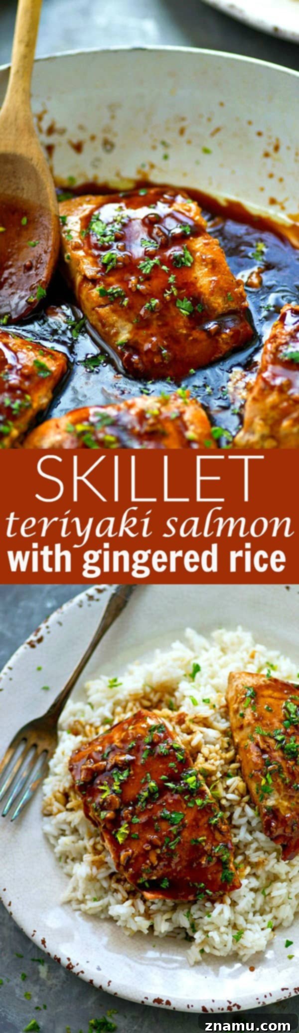 Teriyaki Glazed Salmon Skillet with Fragrant Ginger Rice 7 The BEST teriyaki salmon ever made completely from scratch in one skillet and served with fluffy gingered rice and lots of homemade teriyaki sauce!