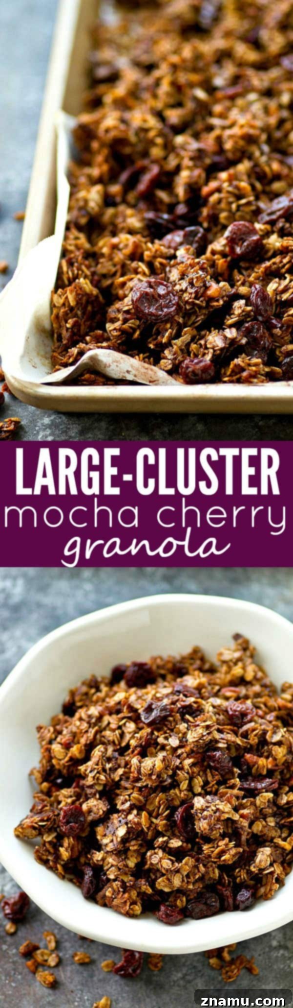 Mocha Cherry Granola Clusters 7 Overhead view of a hand reaching for a piece of mocha cherry granola on a baking sheet, emphasizing its snackability.