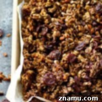 Mocha Cherry Granola Clusters 8 This addicting mocha cherry granola has the HUGEST clusters ever and it's nearly impossible to stop eating it! It's so good on vanilla yogurt or straight off the baking sheet!