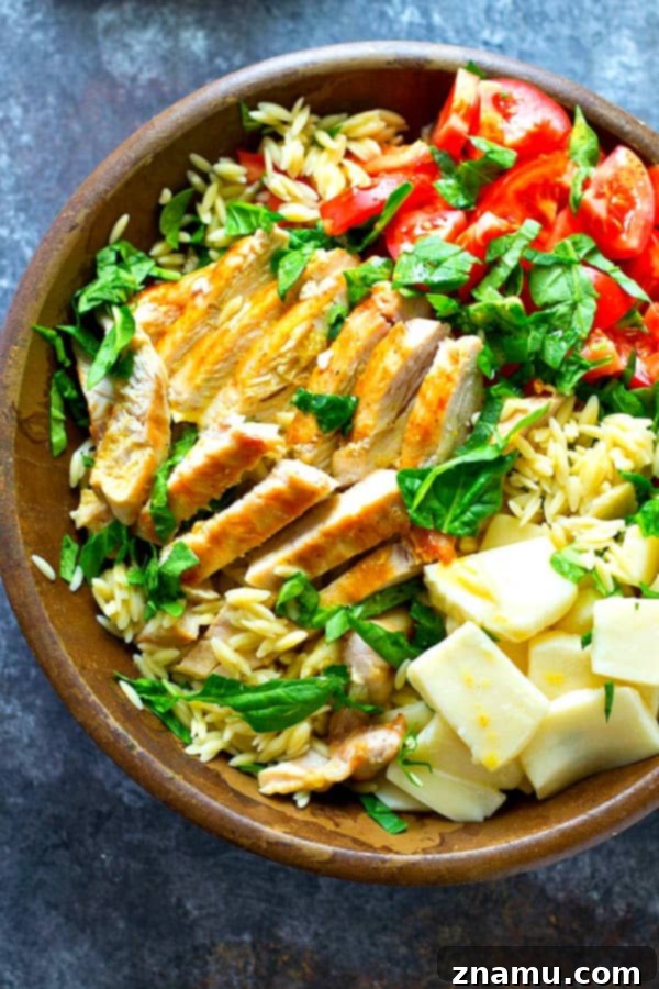 Vibrant Caprese Orzo with Grilled Chicken 4 An overhead shot of the Caprese Orzo Salad, with a fork gently lifting a portion, showcasing the mix of ingredients. The light from above accentuates the freshness of the basil and the juicy texture of the chicken and tomatoes, making it look inviting and delicious.