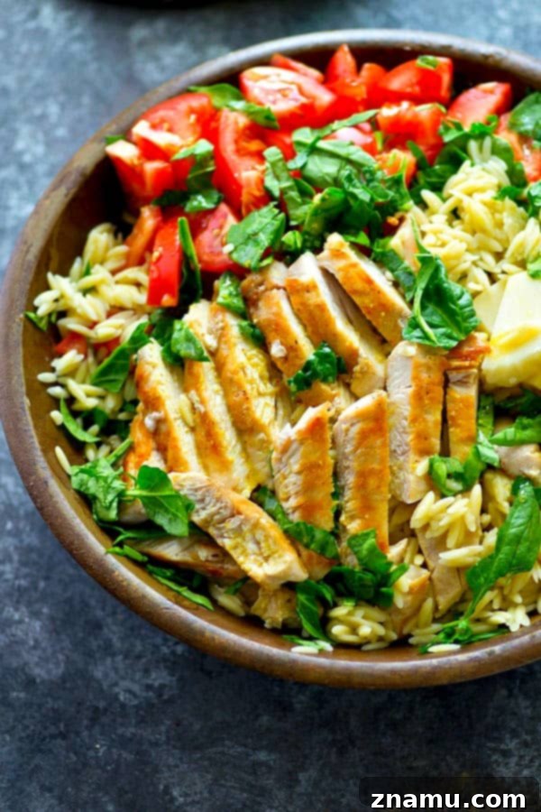 Vibrant Caprese Orzo with Grilled Chicken 6 A close-up shot of the Caprese Orzo Salad being tossed gently in a large mixing bowl. The individual components – orzo, chicken, tomatoes, mozzarella, and basil – are visible, glistening with the dressing, highlighting the ease of preparation and the delicious outcome.
