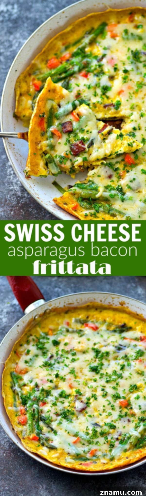Swiss Cheese, Asparagus, and Bacon Frittata 7 A stunning Swiss Cheese Asparagus Bacon Frittata, garnished with fresh parsley, cooling in the skillet after being broiled to golden perfection.