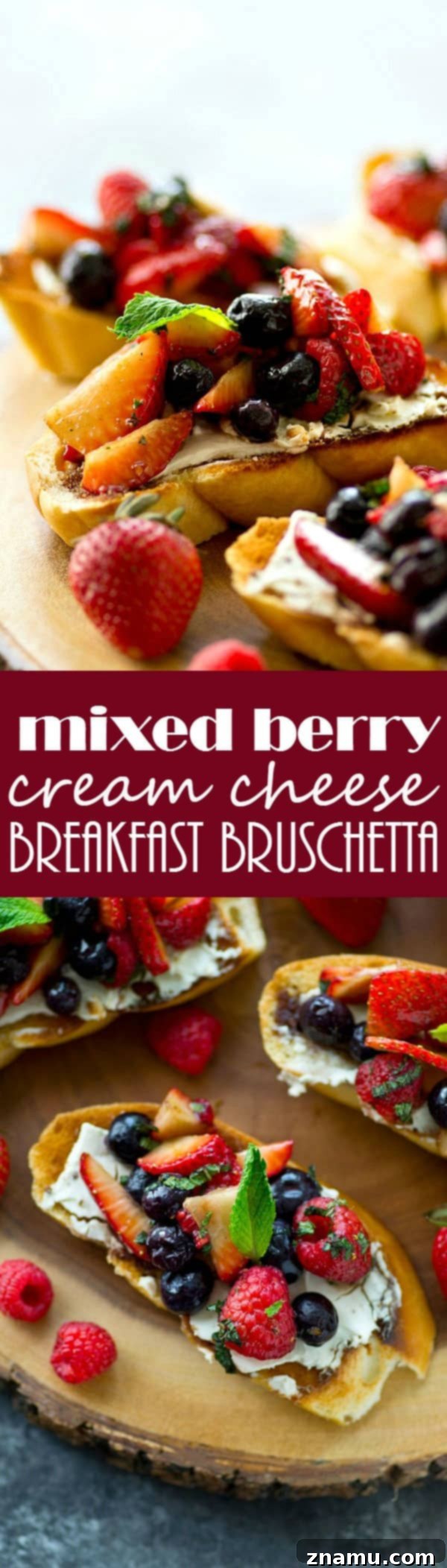 Sunrise Berry Cream Cheese Bruschetta 7 A final, artistic shot of the mixed berry cream cheese breakfast bruschetta, emphasizing its vibrant colors and inviting presentation.