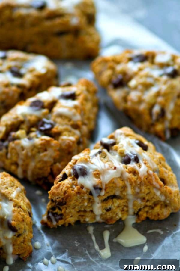 Glazed Chocolate Chip Oatmeal Scones 3 Close-up of a perfectly baked Oatmeal Chocolate Chip Scone