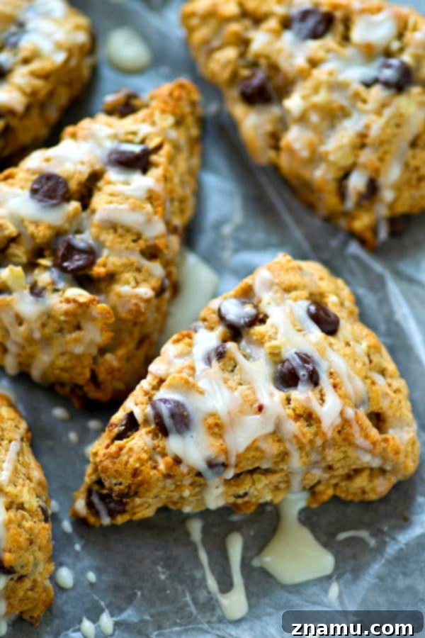 Glazed Chocolate Chip Oatmeal Scones 4 Delicious Oatmeal Chocolate Chip Scones ready for vanilla glaze