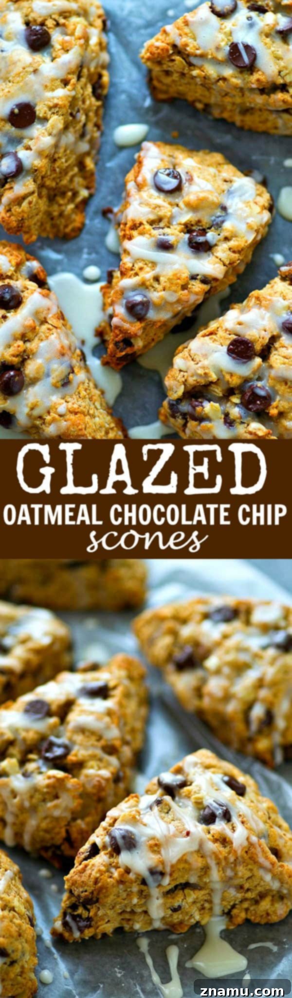 Glazed Chocolate Chip Oatmeal Scones 7 A close-up of Oatmeal Chocolate Chip Scones with a generous vanilla glaze