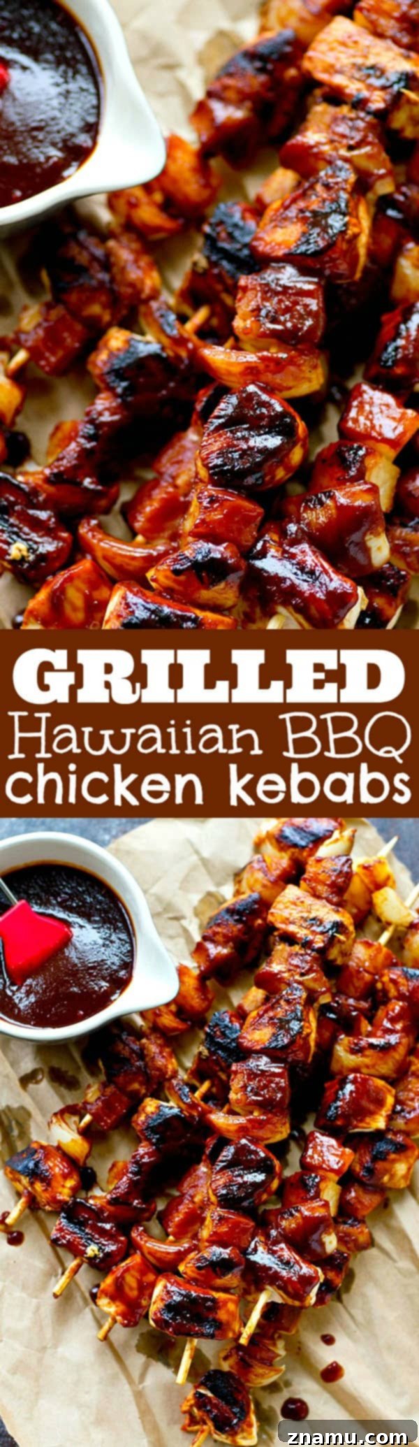Aloha Chicken Kebabs 7 Vibrant, saucy Hawaiian BBQ Chicken Kebabs presented beautifully.