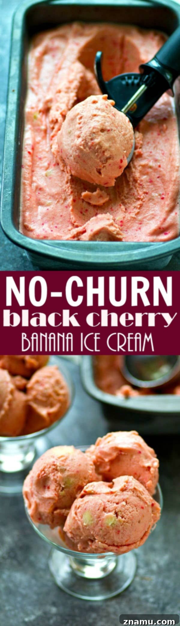 Effortless Black Cherry Banana Delight 7 A close-up of a serving of no-churn black cherry banana ice cream.