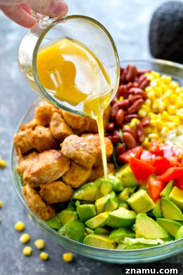 Zesty Blackened Chicken Avocado Bowl 5 Flavorful blackened chicken, avocado, and tons of other Mexican-style goodness collide in this loaded Mexican salad that is SO easy to throw together---you'll be making it all summer!