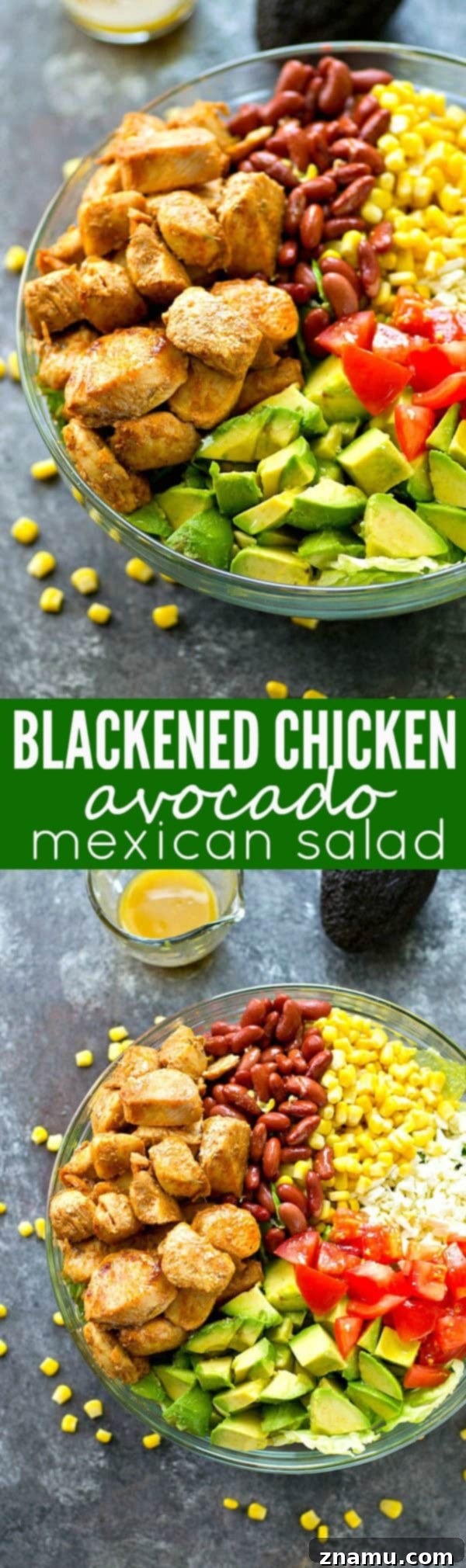 Zesty Blackened Chicken Avocado Bowl 7 Flavorful blackened chicken, avocado, and tons of other Mexican-style goodness collide in this loaded Mexican salad that is SO easy to throw together---you'll be making it all summer!