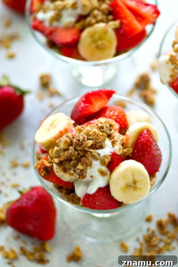 Delicious Strawberry Banana Oatmeal Cookie Yogurt Parfaits layered in a glass