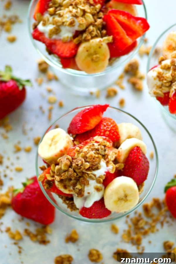 Close-up of layers in a Strawberry Banana Oatmeal Cookie Yogurt Parfait