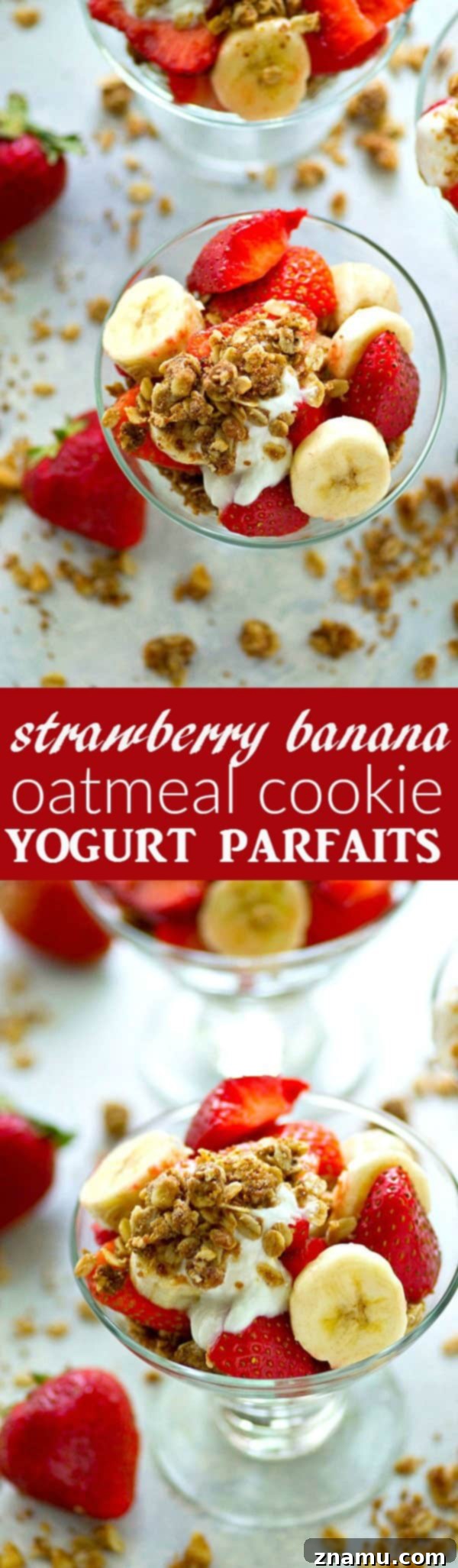 A beautifully layered Strawberry Banana Oatmeal Cookie Yogurt Parfait ready to be eaten