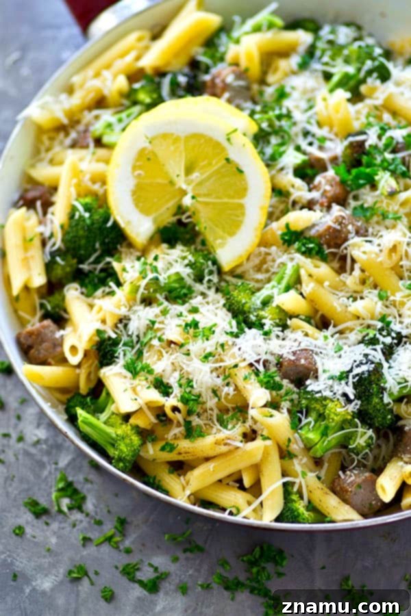 One-Pan Lemon Penne with Sausage and Roasted Broccoli 3 Close-up of a flavorful Sausage Roasted Broccoli Lemon Penne Skillet