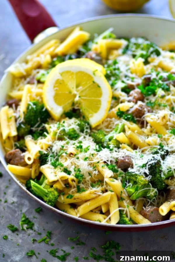 One-Pan Lemon Penne with Sausage and Roasted Broccoli 5 Golden roasted broccoli florets for a healthy pasta skillet