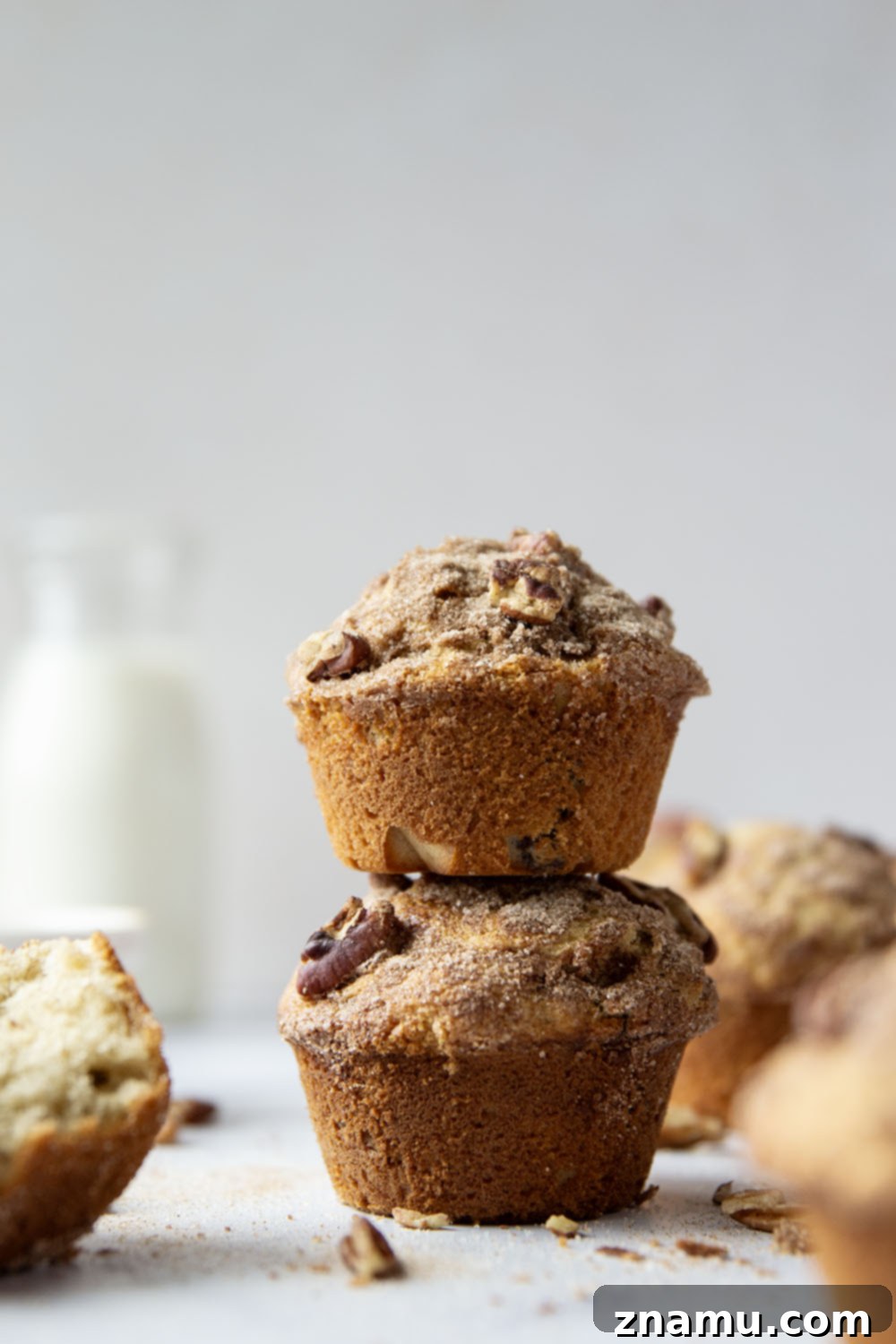 Delicious Pecan Snickerdoodle Muffins 3 Close-up view of a Pecan Snickerdoodle Muffin, showcasing its soft interior, visible pecan pieces, and sparkling cinnamon sugar topping.