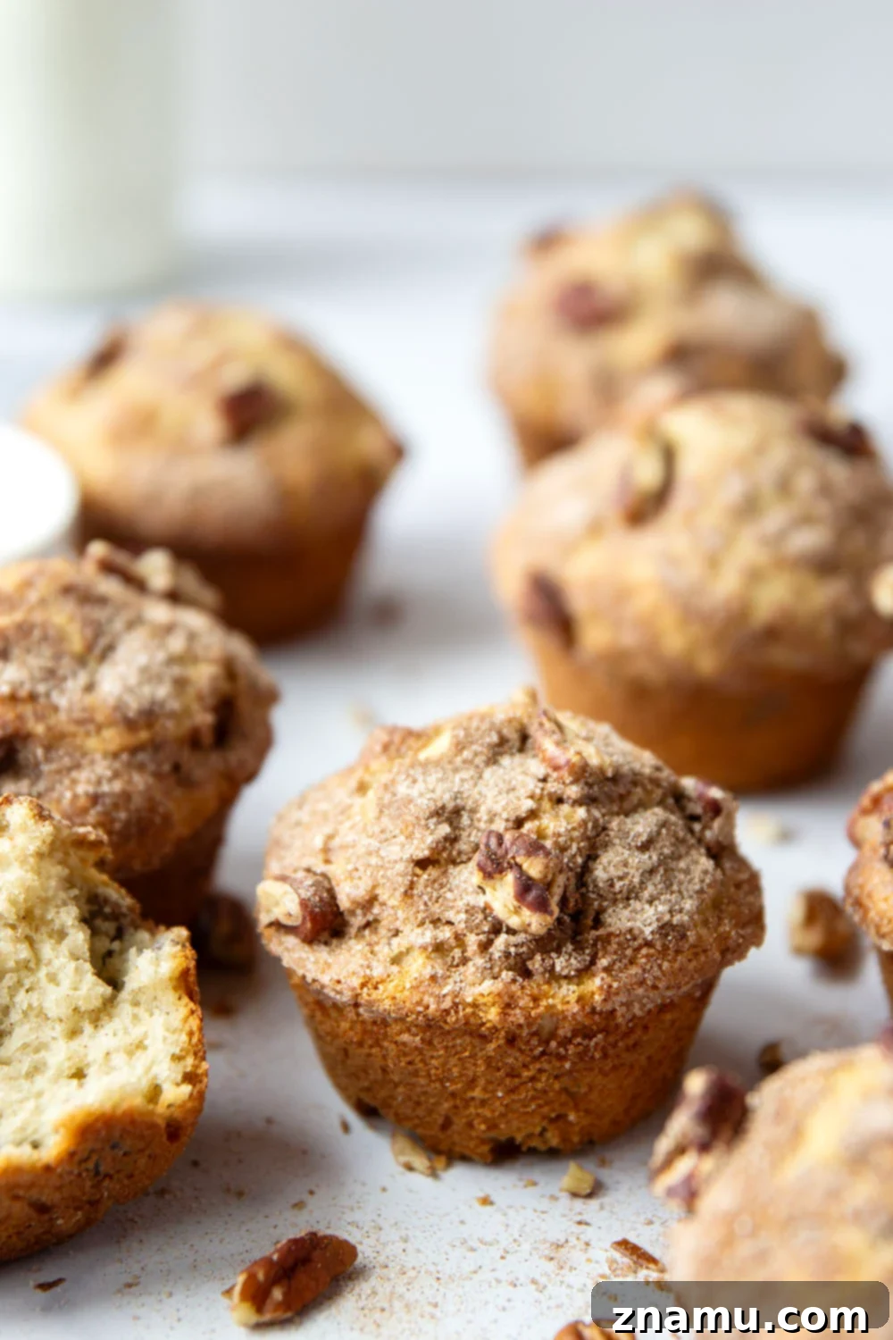 Delicious Pecan Snickerdoodle Muffins 5 A colorful array of ingredients for Pecan Snickerdoodle Muffins, including flour, sugar, butter, eggs, pecans, and cinnamon, neatly arranged on a kitchen counter.