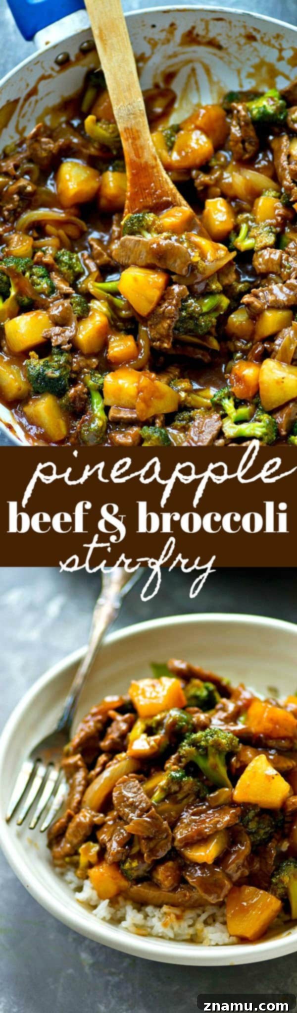 Golden Pineapple Beef and Broccoli Wok 7 Overhead shot of a full plate of Pineapple Beef and Broccoli Stir-Fry with rice and garnish