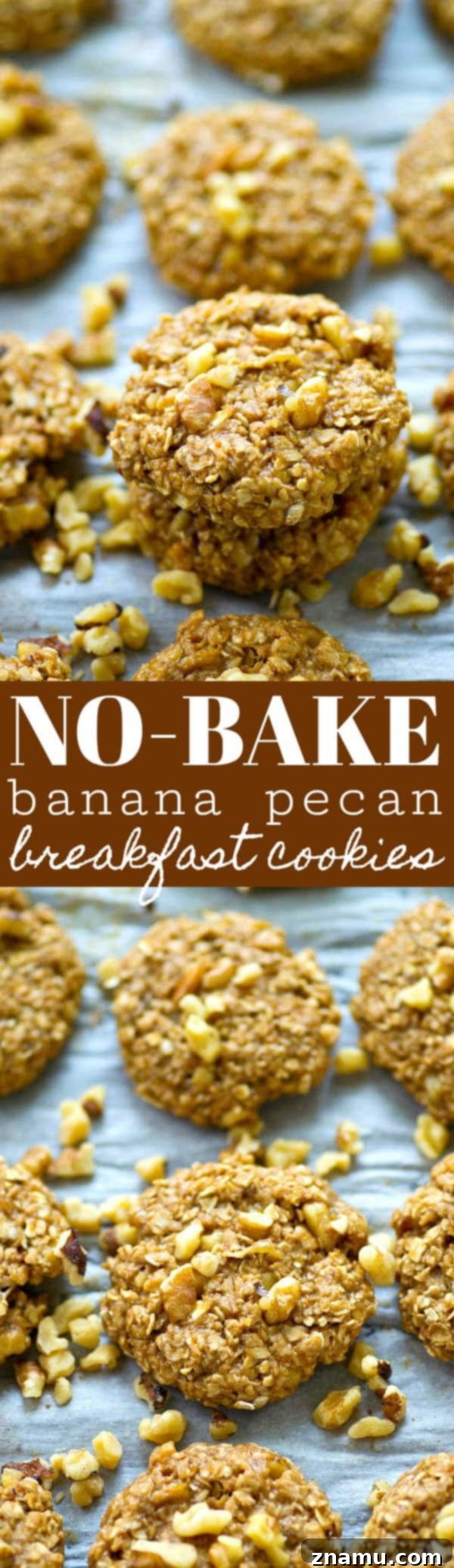 An array of no-bake banana pecan breakfast cookies on a wooden board