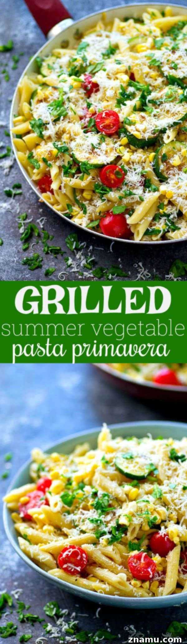 Sun-Kissed Grilled Summer Pasta 7 Large serving of Grilled Summer Vegetable Pasta Primavera, perfect for sharing