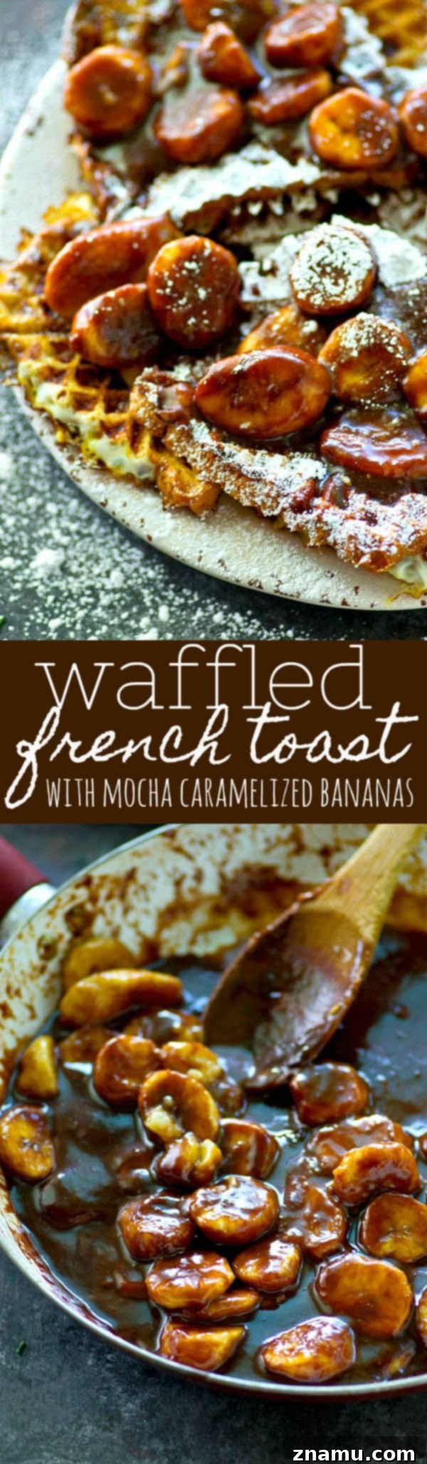 Crispy Waffled French Toast with Mocha Caramelized Bananas 6 A final shot of the fully prepared waffled French toast with mocha caramelized bananas, served elegantly on a white plate, garnished with powdered sugar, inviting viewers to indulge in this exquisite breakfast.