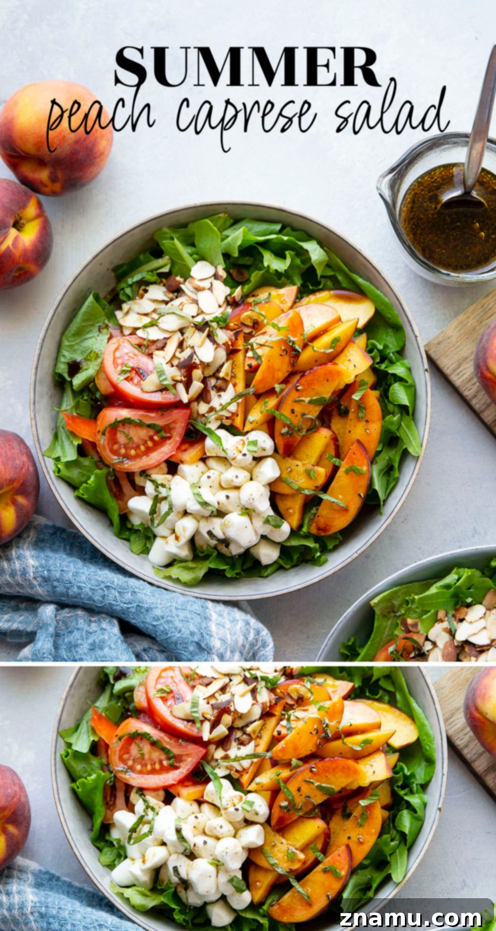 Sun-Drenched Peach Caprese 7 An overhead shot of a large bowl filled with peach caprese salad, showcasing a generous portion with all its fresh ingredients and a rich balsamic glaze.
