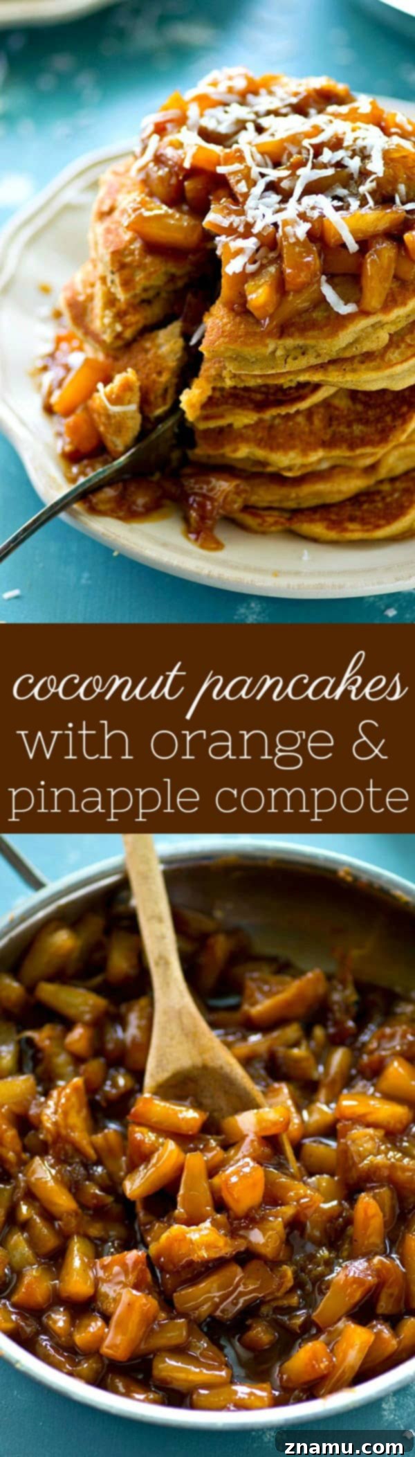 Coconut Cloud Pancakes with Zesty Orange-Pineapple Compote 7 An inviting, tall stack of tropical coconut pancakes drizzled with sweet and tangy orange pineapple compote, perfect for breakfast or brunch.