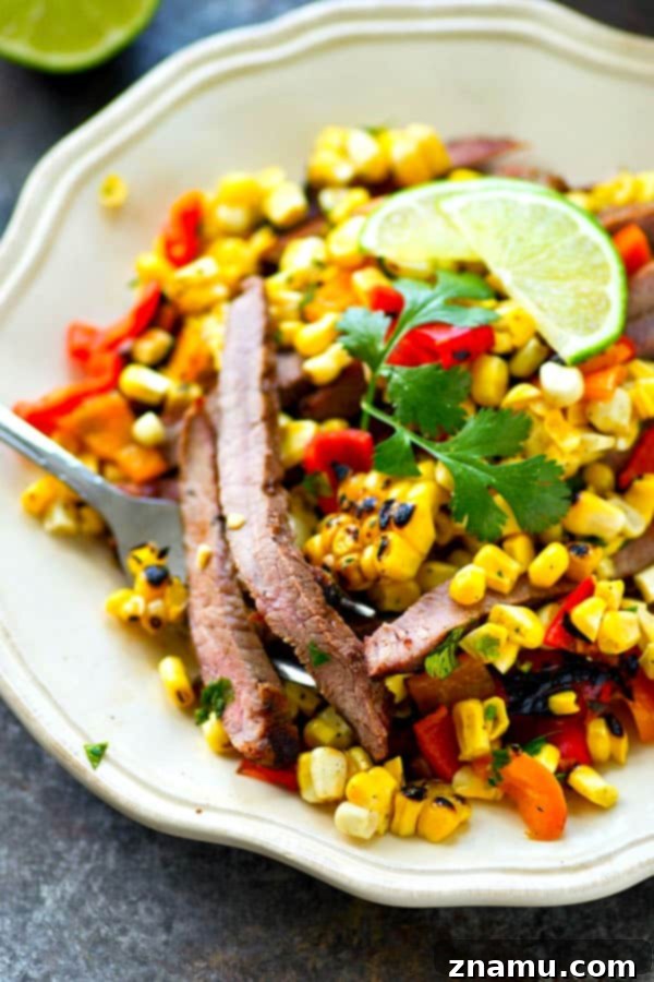Fire-Kissed Skirt Steak with Sweet Corn and Bell Pepper Relish 2 Juicy grilled skirt steak is piled high with a flavorful charred corn sweet pepper salsa and is hands down the BEST summer steak dinner you'll ever have!