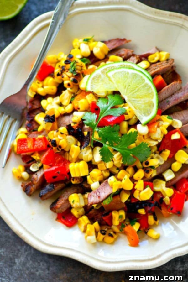 Fire-Kissed Skirt Steak with Sweet Corn and Bell Pepper Relish 3 Juicy grilled skirt steak is piled high with a flavorful charred corn sweet pepper salsa and is hands down the BEST summer steak dinner you'll ever have!