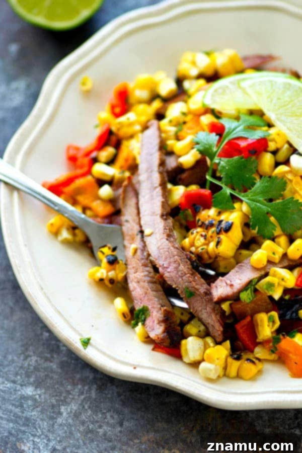 Fire-Kissed Skirt Steak with Sweet Corn and Bell Pepper Relish 5 Juicy grilled skirt steak is piled high with a flavorful charred corn sweet pepper salsa and is hands down the BEST summer steak dinner you'll ever have!